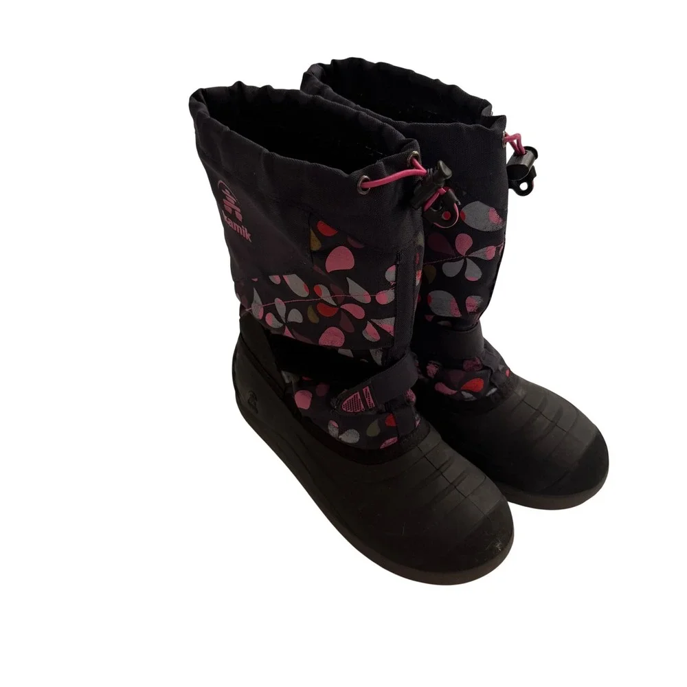 Kamik Girls Black Pink Floral Waterproof Insulated Winter Snow Boots‎ Size 7